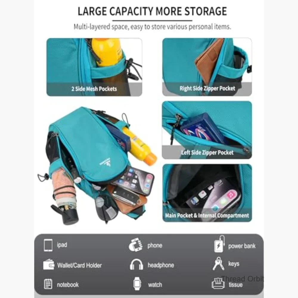 Small Sling Backpack with Water Bottle Holders, Adjustable Crossbody Bag for